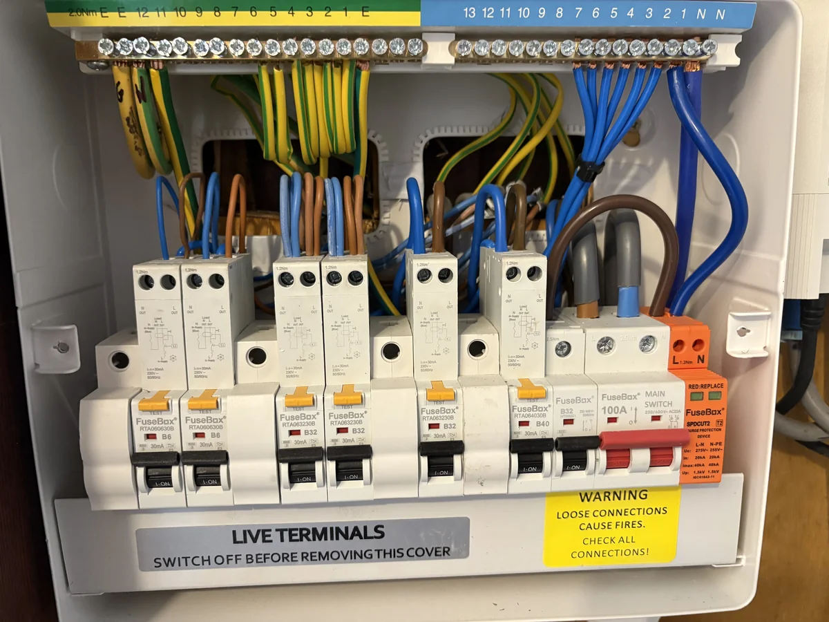 Tidy fully-labelled consumer unit installed during a Fife home rewire